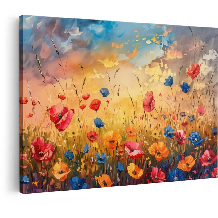 Artaza Canvas Schilderij Bloemen - 90x60 cm - Wanddecoratie Klaprozen - Muurdecoratie Zonsondergang - Decoratie Kleurrijk Landschap afbeelding 1