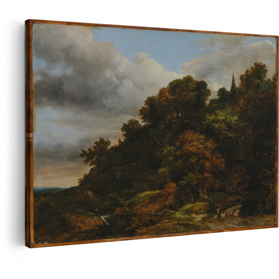 Artaza Canvas Schilderij Schilderachtig Landschap met Schaapherder en Kerk op een Heuvel onder Dramatische Wolken - 90x60 cm - Wanddecoratie Woonkamer - Schilderijen - Muurdecoratie afbeelding 1