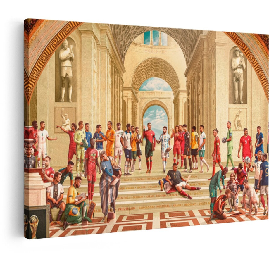 Artaza Canvas Schilderij Voetballegendes Verzameld in een Klassiek Meesterwerk - een Eerbetoon aan de Sport - 90x60 cm - Wanddecoratie Woonkamer - Schilderijen - Muurdecoratie afbeelding 1