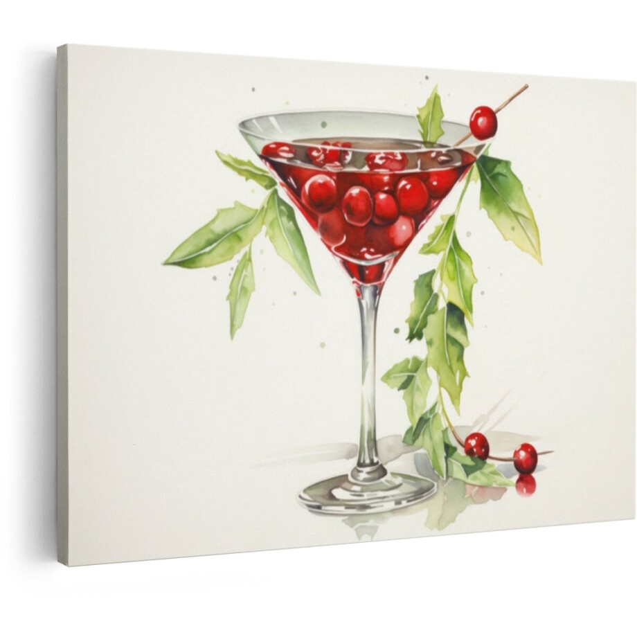 Artaza Canvas Schilderij Feestelijk Kerstdrankje met Rode Bessen en Groen Blad in Aquarel - 30x20 cm - Klein - Wanddecoratie Woonkamer - Schilderijen - Muurdecoratie afbeelding 1
