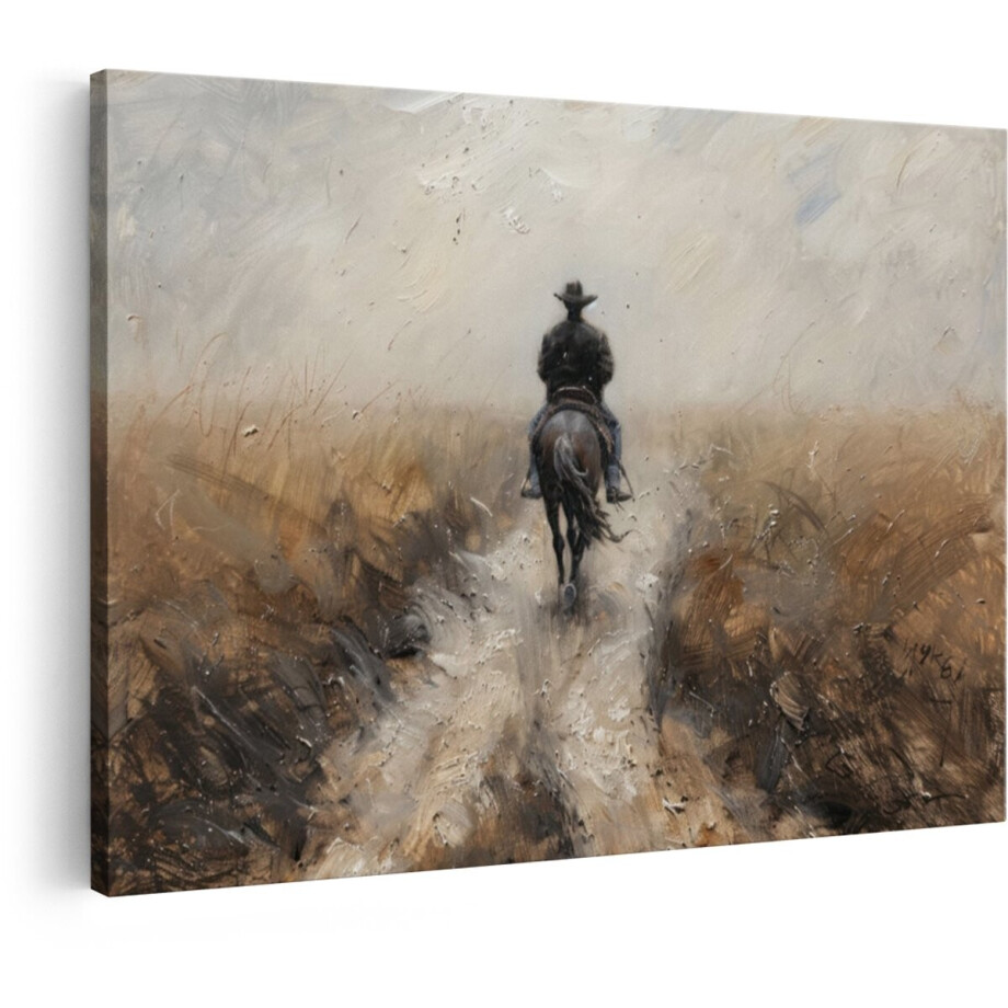 Artaza Canvas Schilderij Cowboy Rijdt op Paard door Stoffig Landschap - Impressionistische Schilderstijl - 90x60 cm - Wanddecoratie Woonkamer - Schilderijen - Muurdecoratie afbeelding 1