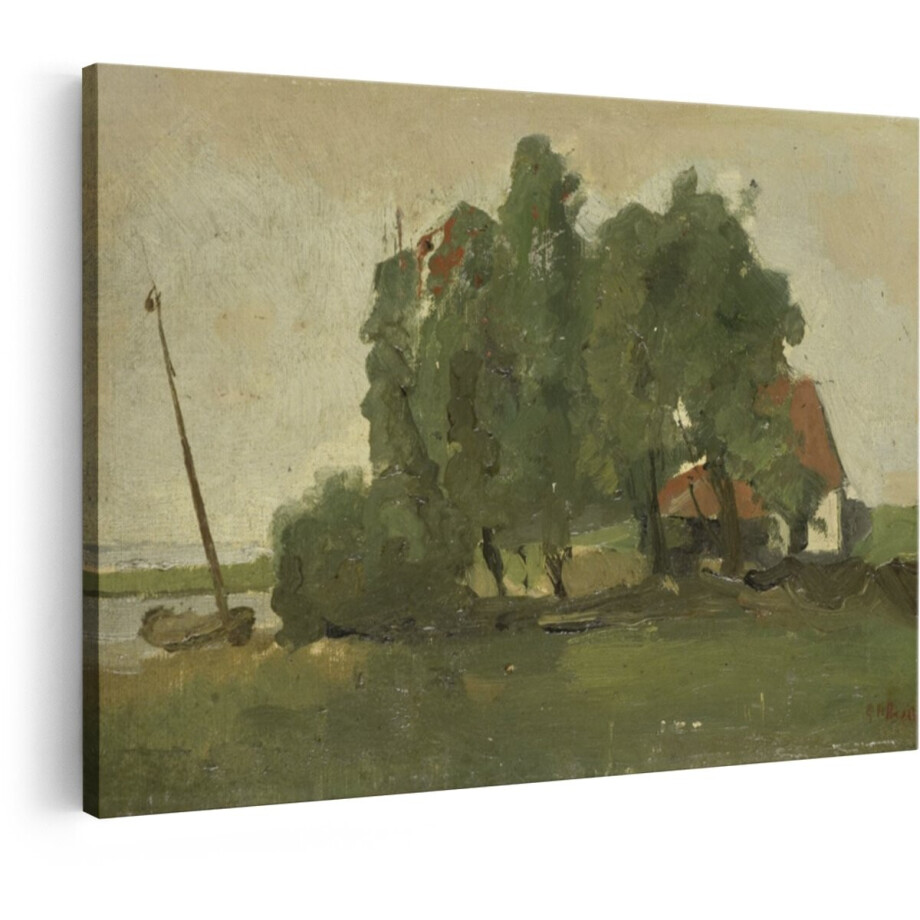 Artaza Canvas Schilderij Schilderij van een Bootje bij een Huis met Bomen aan het Water - 30x20 cm - Klein - Wanddecoratie Woonkamer - Schilderijen - Muurdecoratie afbeelding 1