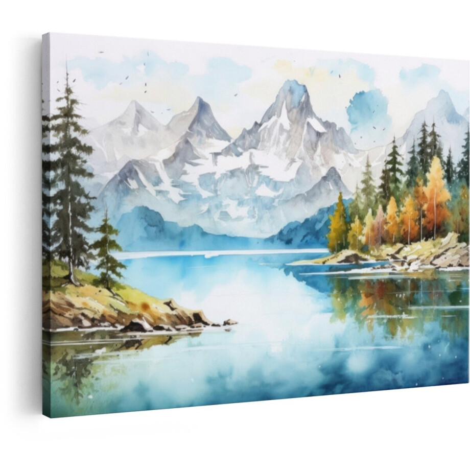 Artaza Canvas Schilderij Berglandschap - 60x40 cm - Wanddecoratie Natuur - Muurdecoratie Bergen Meer - Decoratie Herfst Bomen afbeelding 1