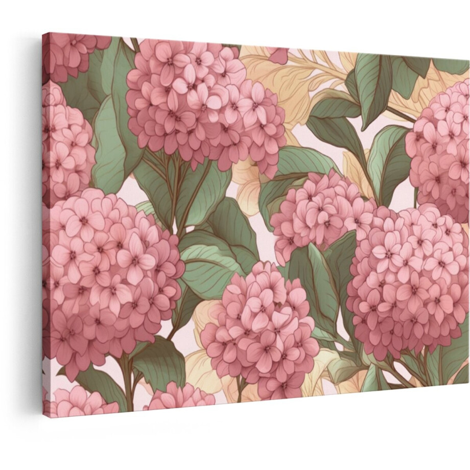 Artaza Canvas Schilderij Fijne Roze Hortensiabloemen met Groene Bladeren in een Naadloos Patroon - 120x80 cm - Groot - Wanddecoratie Woonkamer - Schilderijen - Muurdecoratie afbeelding 1