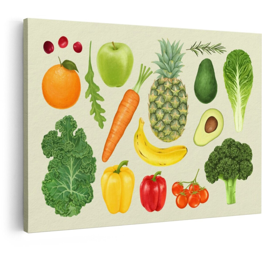 Artaza Canvas Schilderij Groenten En Fruit - 60x40 cm - Wanddecoratie Keuken - Muurdecoratie Aquarel - Decoratie Ananas Avocado afbeelding 1