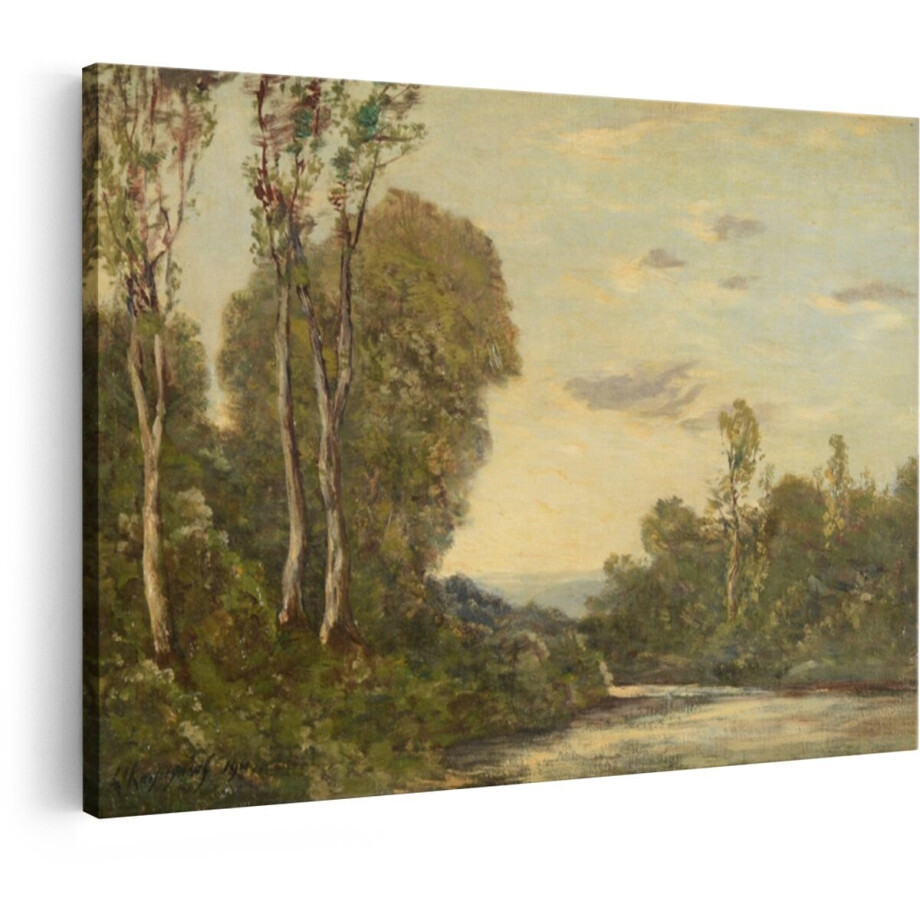 Artaza Canvas Schilderij Landschap - 120x80 cm - Wanddecoratie Bos - Muurdecoratie Zonsondergang - Schilderijen Natuur Rivier - Decoratie Woonkamer afbeelding 1