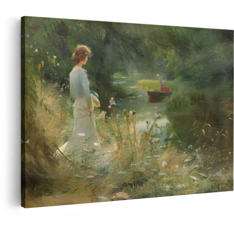 Artaza Canvas Schilderij Vrouw in Wit Kleed Kijkt Naar Boot op Rustig Water in Weelderige Natuur - 30x20 cm - Klein - Wanddecoratie Woonkamer - Schilderijen - Muurdecoratie afbeelding 1