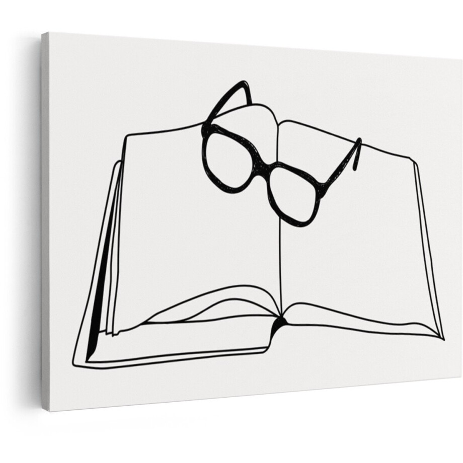 Artaza Canvas Schilderij Minimalistische Schets van een Open Boek met een Bril Erop - 90x60 cm - Wanddecoratie Woonkamer - Schilderijen - Muurdecoratie afbeelding 1
