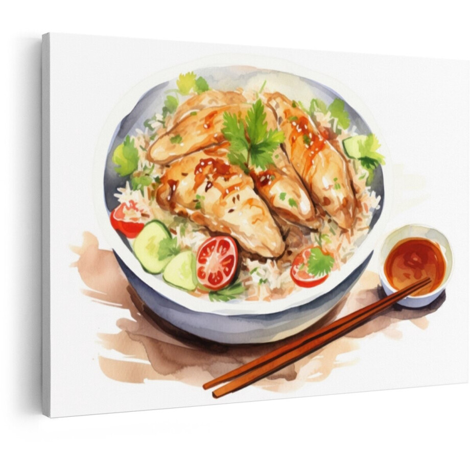 Artaza Canvas Schilderij Aziatisch Gerecht - 120x80 cm - Wanddecoratie Keuken - Muurdecoratie Kip Met Rijst - Decoratie Eten afbeelding 1