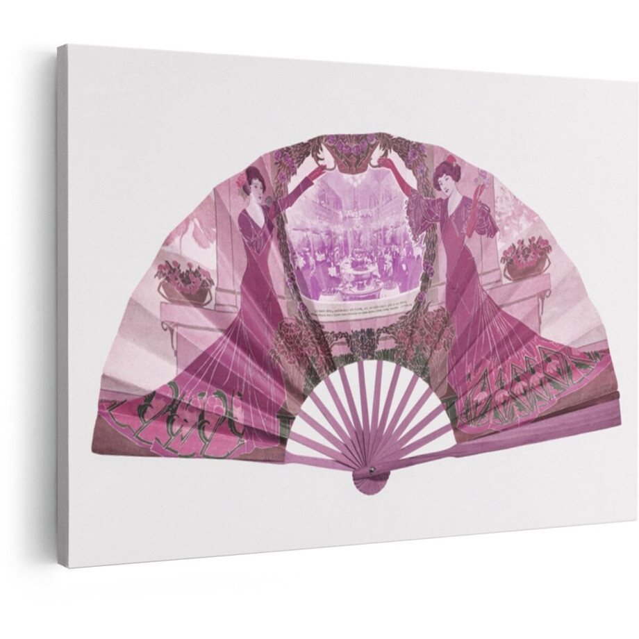 Artaza Canvas Schilderij Vintage Art Nouveau-Fan met Elegante Vrouwen en Bloemmotieven in Paarse Tinten - 90x60 cm - Wanddecoratie Woonkamer - Schilderijen - Muurdecoratie afbeelding 1