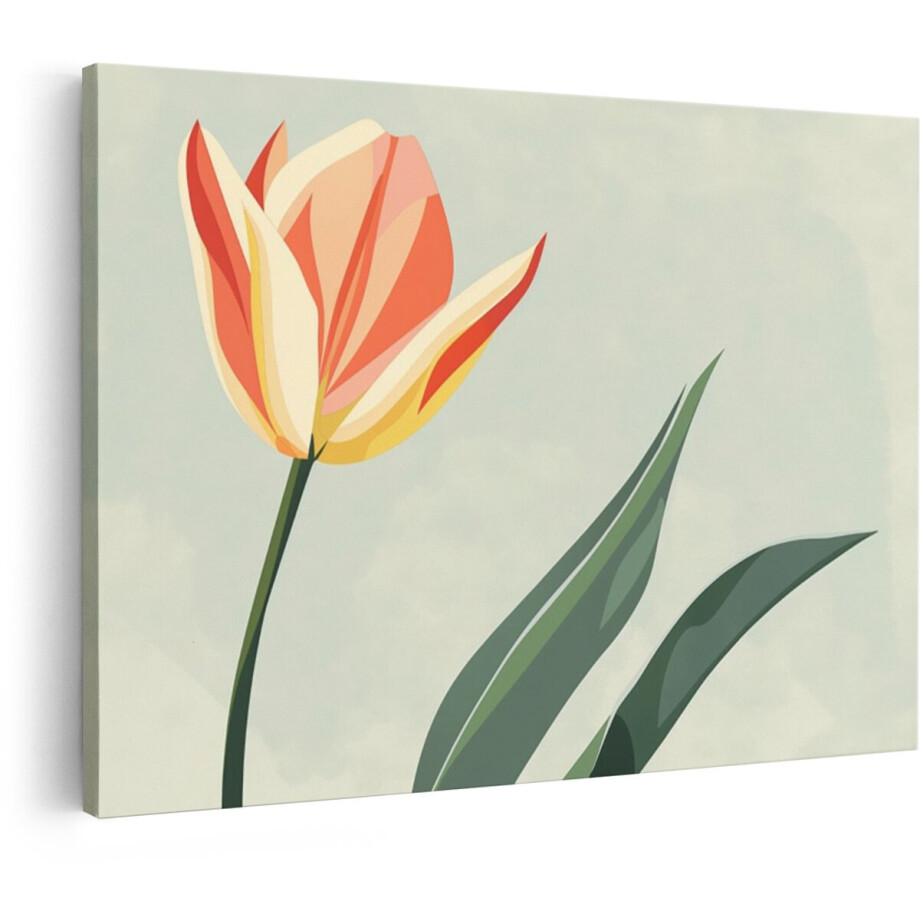 Artaza Canvas Schilderij Een Enkele Tulp met Oranje en Gele Strepen op een Zachte Achtergrond - 60x40 cm - Wanddecoratie Woonkamer - Schilderijen - Muurdecoratie afbeelding 1