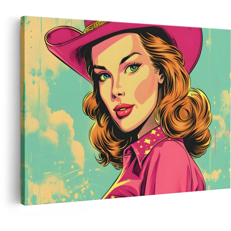 Artaza Canvas Schilderij Vrouw Met Cowboyhoed - 90x60 cm - Wanddecoratie Pop Art - Muurdecoratie Vintage - Schilderijen Op Canvas - Roze afbeelding 1