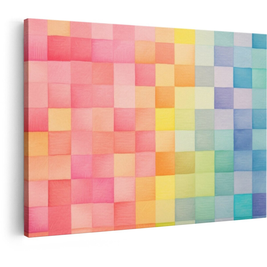 Artaza Canvas Schilderij Abstracte Regenboog van Gekleurde Vierkanten met een Zachte Textuur - 30x20 cm - Klein - Wanddecoratie Woonkamer - Schilderijen - Muurdecoratie afbeelding 1