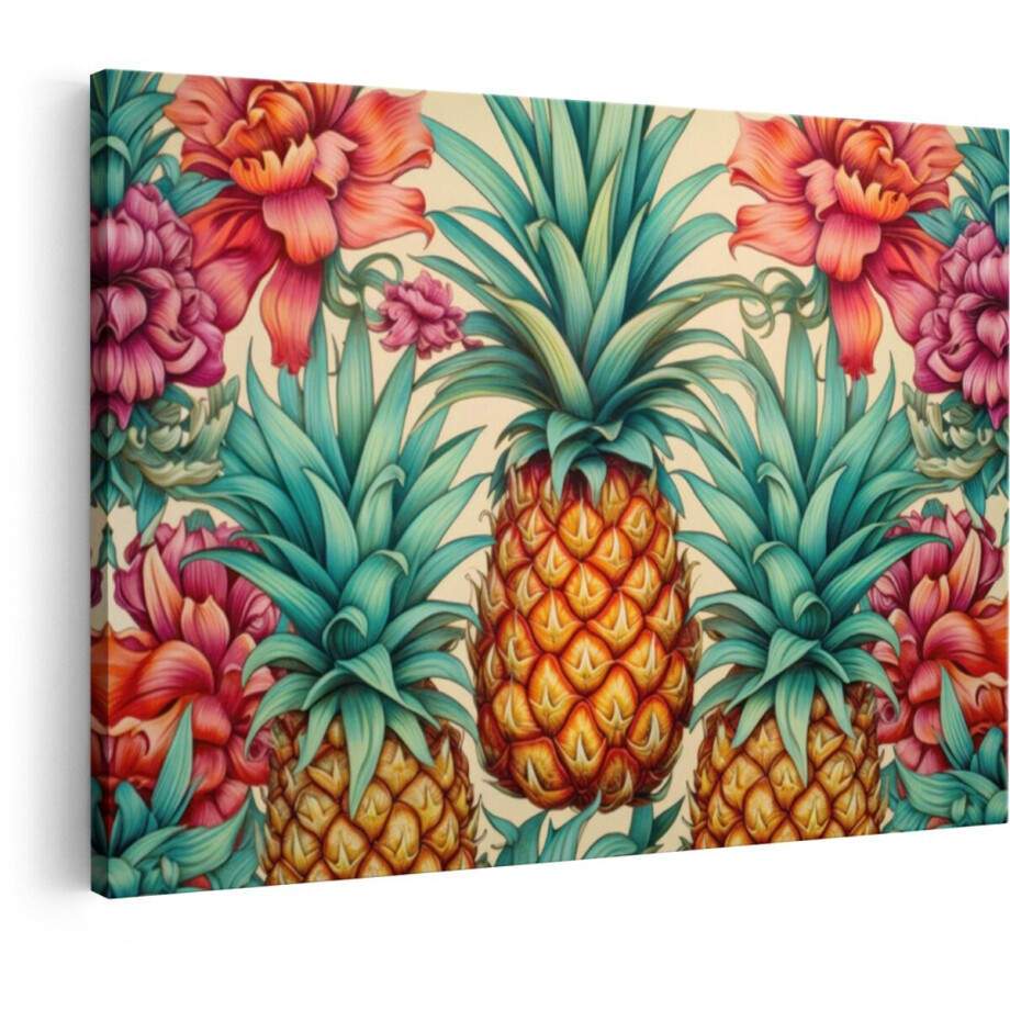 Artaza Canvas Schilderij Ananas - 90x60 cm - Wanddecoratie Tropische Bloemen - Muurdecoratie Boho - Decoratie Fruit Patroon afbeelding 1