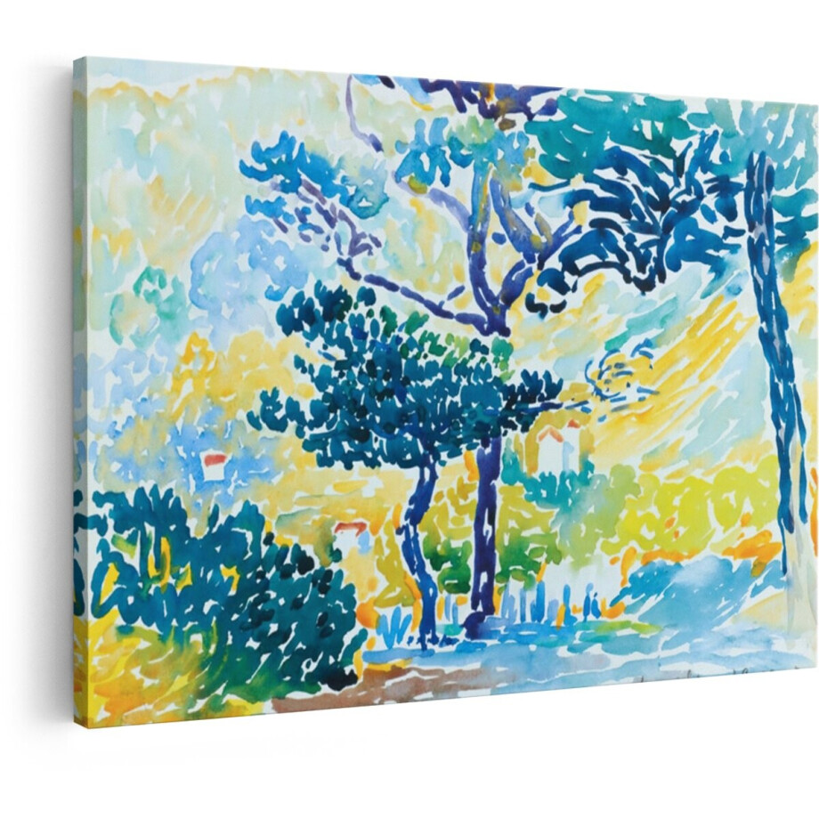 Artaza Canvas Schilderij Landschap - 90x60 cm - Wanddecoratie Natuur - Muurdecoratie Bomen - Decoratie Aquarel Mediterraan afbeelding 1