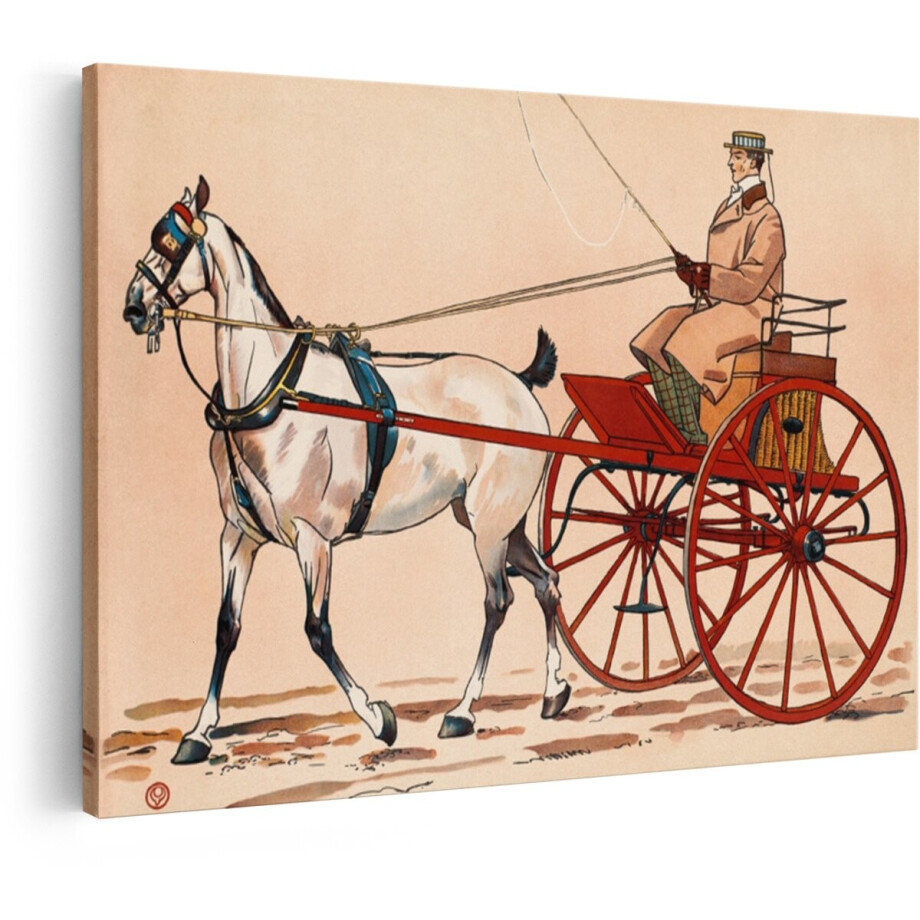 Artaza Canvas Schilderij Man in Vintage Kleding Die een Paard en Koets Bestuurt over een Stoffige Weg - 90x60 cm - Wanddecoratie Woonkamer - Schilderijen - Muurdecoratie afbeelding 1