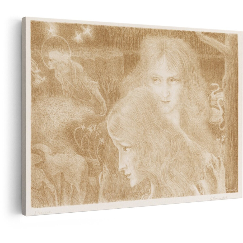 Artaza Canvas Schilderij Symbolistische Tekening van een Engel met een Aureool Die over twee Vrouwen Kijkt - 120x80 cm - Groot - Wanddecoratie Woonkamer - Schilderijen - Muurdecoratie afbeelding 1