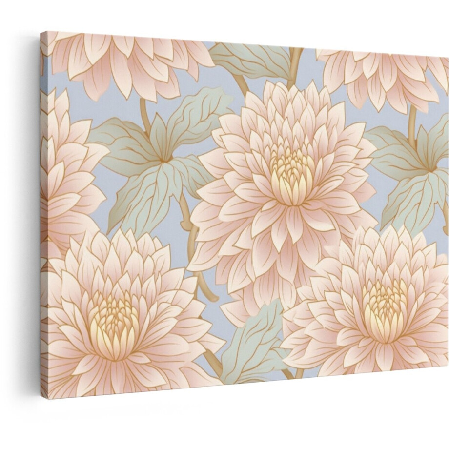 Artaza Canvas Schilderij Zachte Bloemenpatroon met Pastelkleurige Dahliabloemen op een Blauwe Achtergrond - 90x60 cm - Wanddecoratie Woonkamer - Schilderijen - Muurdecoratie afbeelding 1