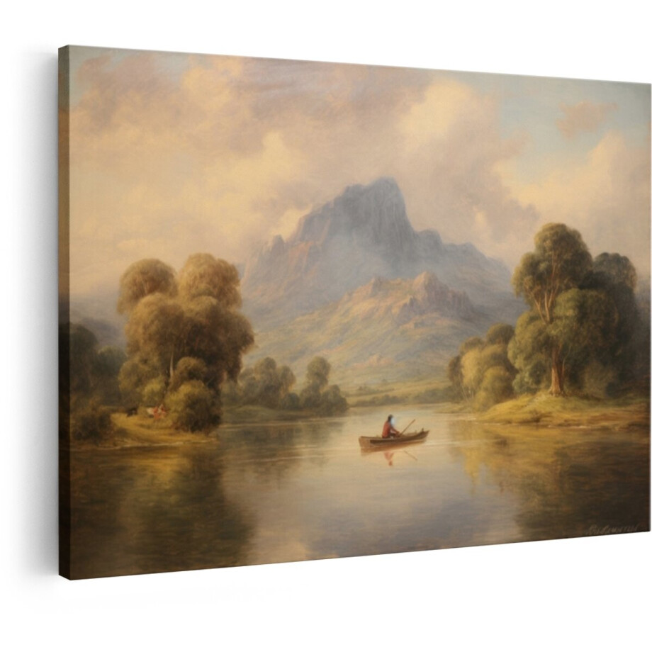 Artaza Canvas Schilderij Man in een Roeiboot op een Serene meer met Mistige Bergen op de Achtergrond - 90x60 cm - Wanddecoratie Woonkamer - Schilderijen - Muurdecoratie afbeelding 1