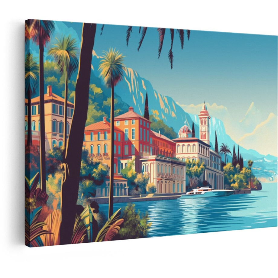 Artaza Canvas Schilderij Italiaans Landschap - 30x20 cm - Wanddecoratie Comomeer - Muurdecoratie Palmbomen - Schilderijen Op Canvas Bergen afbeelding 1