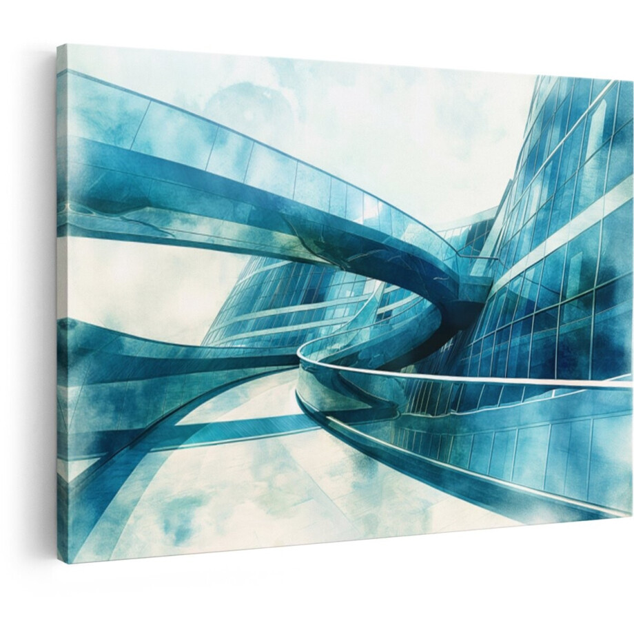 Artaza Canvas Schilderij Futuristische Architectuur met Glazen Bruggen en Gebouwen in Blauwtinten - 90x60 cm - Wanddecoratie Woonkamer - Schilderijen - Muurdecoratie afbeelding 1