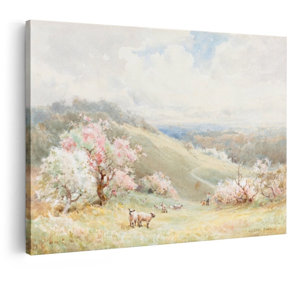 Artaza Canvas Schilderij Schilderachtig Landschap met Bloeiende Bomen en Schapen in de Lente - 60x40 cm - Wanddecoratie Woonkamer - Schilderijen - Muurdecoratie afbeelding 1