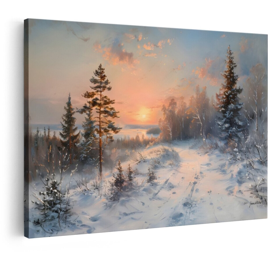 Artaza Canvas Schilderij Schilderachtig Winterlandschap bij Zonsopgang met Besneeuwde Bomen en Pad - 60x40 cm - Wanddecoratie Woonkamer - Schilderijen - Muurdecoratie afbeelding 1