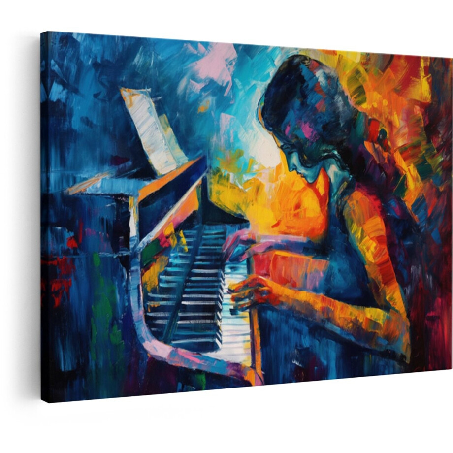Artaza Canvas Schilderij Vrouw Achter Piano - 60x40 cm - Abstracte Wanddecoratie - Muurdecoratie Muziek - Kleurrijk Schilderijen Op Canvas afbeelding 1