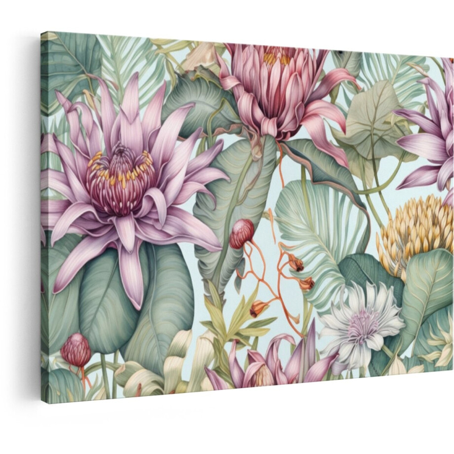Artaza Canvas Schilderij Gedetailleerd Tropisch Bloemenpatroon met Weelderige Bladeren en Pastelkleuren - 60x40 cm - Wanddecoratie Woonkamer - Schilderijen - Muurdecoratie afbeelding 1