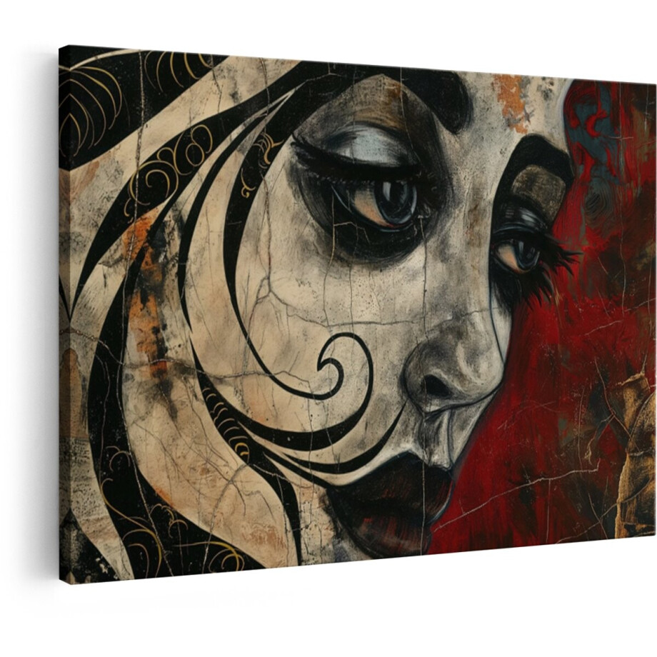Artaza Canvas Schilderij Expressief Portret van een Vrouw met Dramatische Make-Up en Abstracte Elementen - 120x80 cm - Groot - Wanddecoratie Woonkamer - Schilderijen - Muurdecoratie afbeelding 1