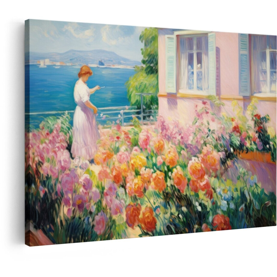Artaza Canvas Schilderij Vrouw in een Tuin met Uitzicht op de Zee - Geschilderd in Impressionistische Stijl - 120x80 cm - Groot - Wanddecoratie Woonkamer - Schilderijen - Muurdecoratie Artaza Canvas Schilderij Vrouw in een Tuin met Uitzicht op de Zee - Geschilderd in Impressionistische Stijl - 120x80 cm - Groot - Wanddecoratie Woonkamer - Schilderijen - Muurdecoratie afbeelding 1