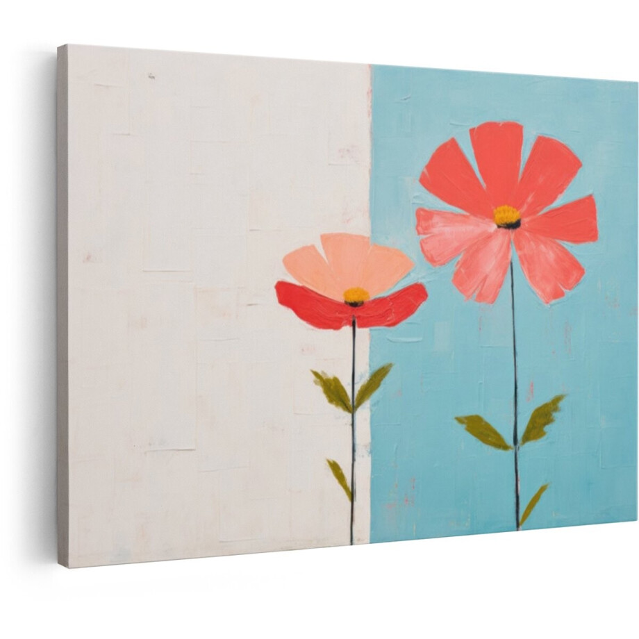 Artaza Canvas Schilderij Abstracte Schildering van twee Felgekleurde Bloemen op een Tweekleurige Achtergrond - 120x80 cm - Groot - Wanddecoratie Woonkamer - Schilderijen - Muurdecoratie afbeelding 1