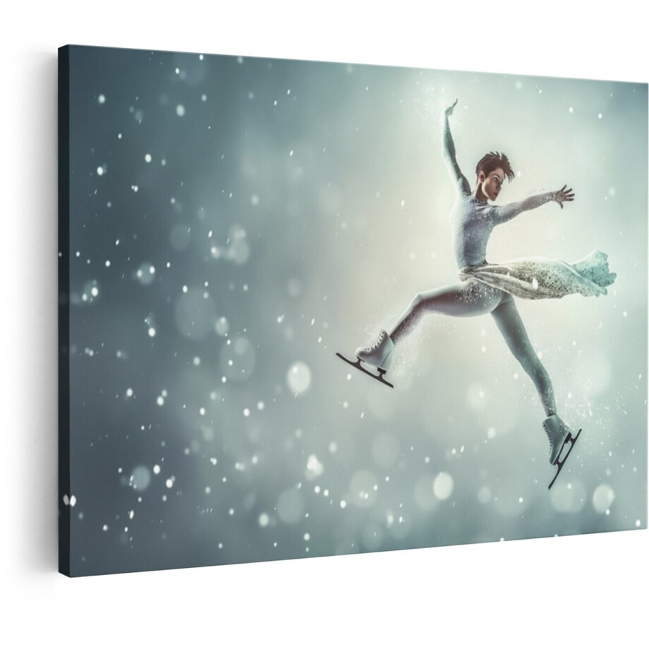 Artaza Canvas Schilderij Vrouwelijke Kunstschaatsster in de Lucht tijdens een Sprong met Sneeuwvlokken - 90x60 cm - Wanddecoratie Woonkamer - Schilderijen - Muurdecoratie afbeelding 1
