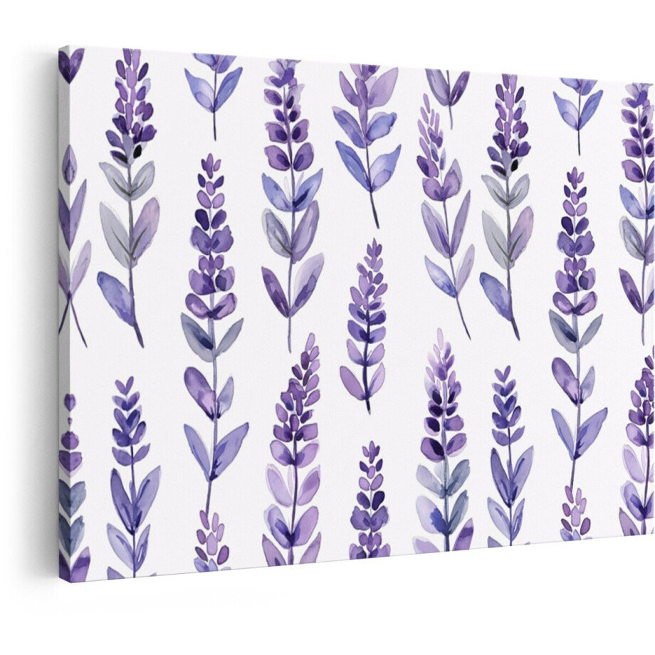Artaza Canvas Schilderij Aquarel Lavendel Bloemen Patroon met Paarse Bloemen op een Witte Achtergrond - 120x80 cm - Groot - Wanddecoratie Woonkamer - Schilderijen - Muurdecoratie afbeelding 1