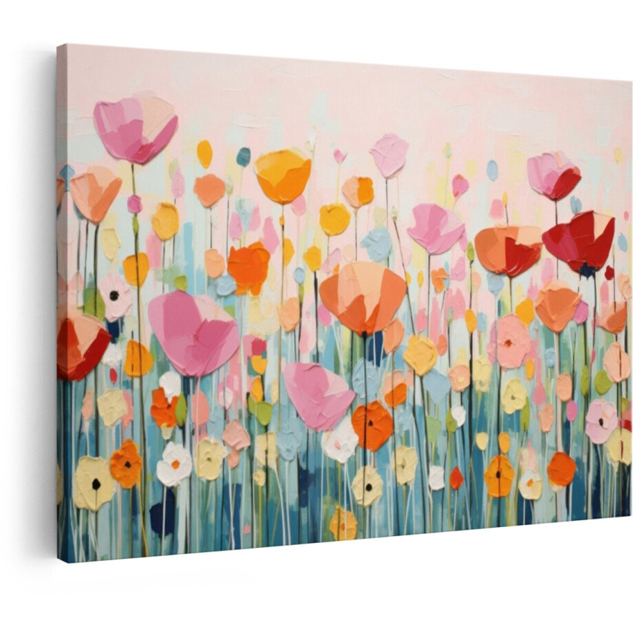 Artaza Canvas Schilderij Bloemen Abstract - 90x60 cm - Wanddecoratie Kleurrijk - Muurdecoratie Woonkamer - Decoratie Roze Bloemenveld afbeelding 1
