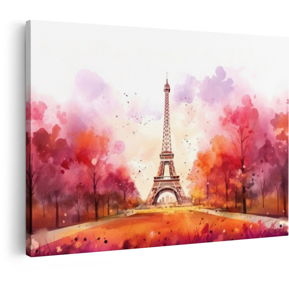 Artaza Canvas Schilderij Parijs Frankrijk - 30x20 cm - Wanddecoratie Eiffeltoren - Muurdecoratie Bomen Herfst - Schilderijen Op Canvas - Roze afbeelding 1