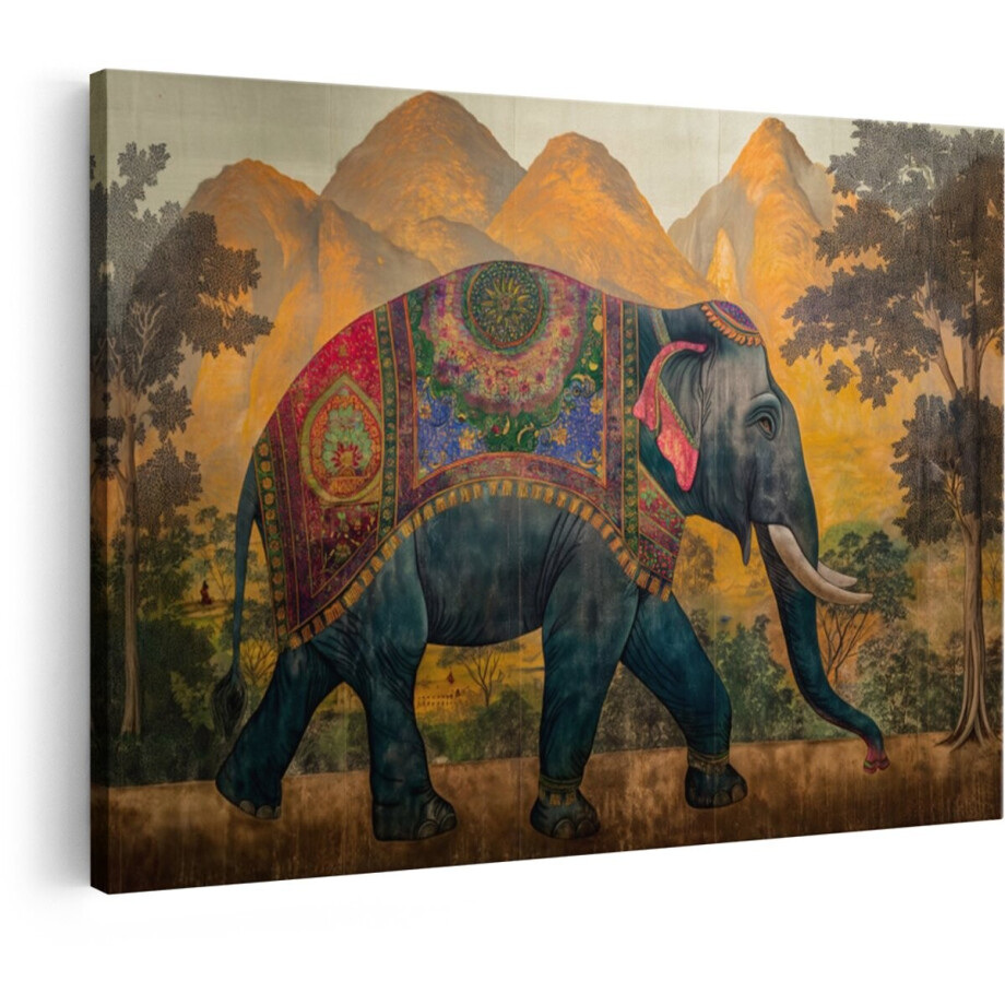 Artaza Canvas Schilderij Olifant - 90x60 cm - Wanddecoratie Dieren - Muurdecoratie Landschap - Decoratie Bergen Bohemian afbeelding 1