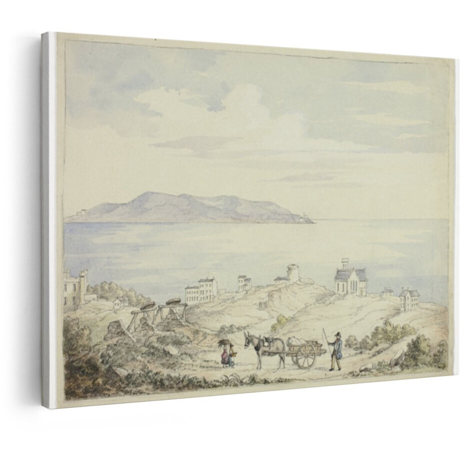 Artaza Canvas Schilderij Historische Kustlijn met Gebouwen - Kar en Berglandschap op de Achtergrond - 60x40 cm - Wanddecoratie Woonkamer - Schilderijen - Muurdecoratie afbeelding 1