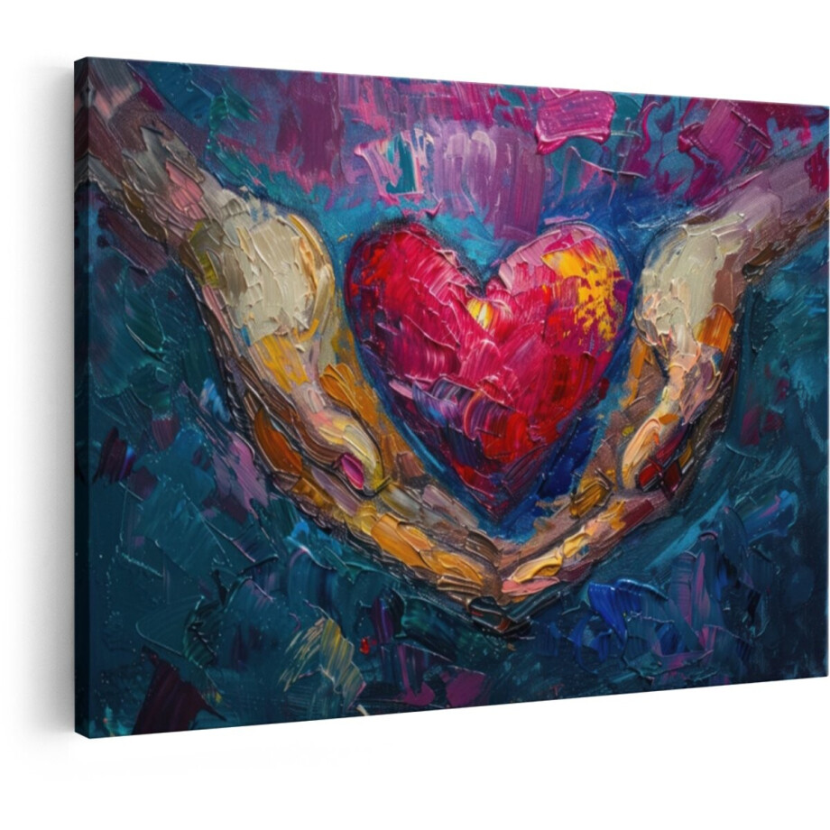 Artaza Canvas Schilderij Impressionistische Schildering van Handen Die een Hart Vasthouden met Dikke Verfstreken - 60x40 cm - Wanddecoratie Woonkamer - Schilderijen - Muurdecoratie afbeelding 1