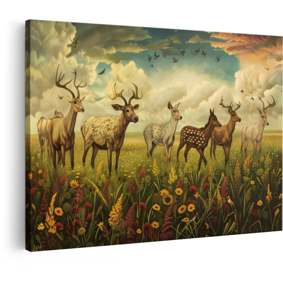 Artaza Canvas Schilderij Herten - 90x60 cm - Wanddecoratie Bloemenveld - Muurdecoratie Natuur - Decoratie Dieren Schilderijen afbeelding 1