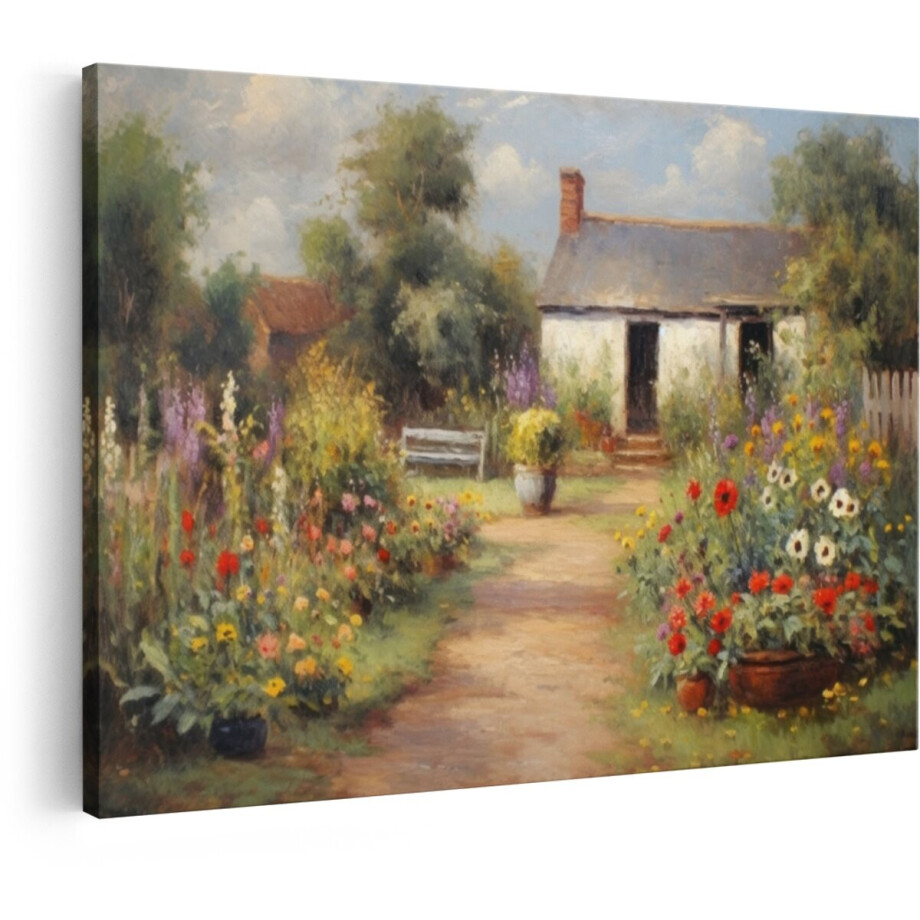 Artaza Canvas Schilderij Bloementuin - 120x80 cm - Wanddecoratie Landelijk Huisje - Muurdecoratie Bloemen - Schilderijen Op Canvas Natuur afbeelding 1