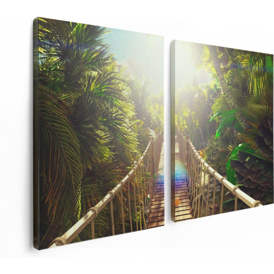 Artaza Canvas Schilderij Tweeluik Houten Brug In De Tropische Jungle - 120x80 - Foto Op Canvas - Canvas Print afbeelding 1