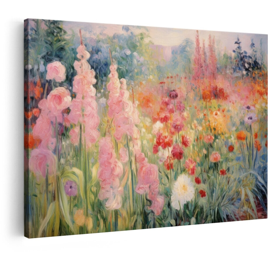 Artaza Canvas Schilderij Impressionistische Bloementuin met Roze en Rode Bloemen in de Zomerzon - 60x40 cm - Wanddecoratie Woonkamer - Schilderijen - Muurdecoratie afbeelding 1