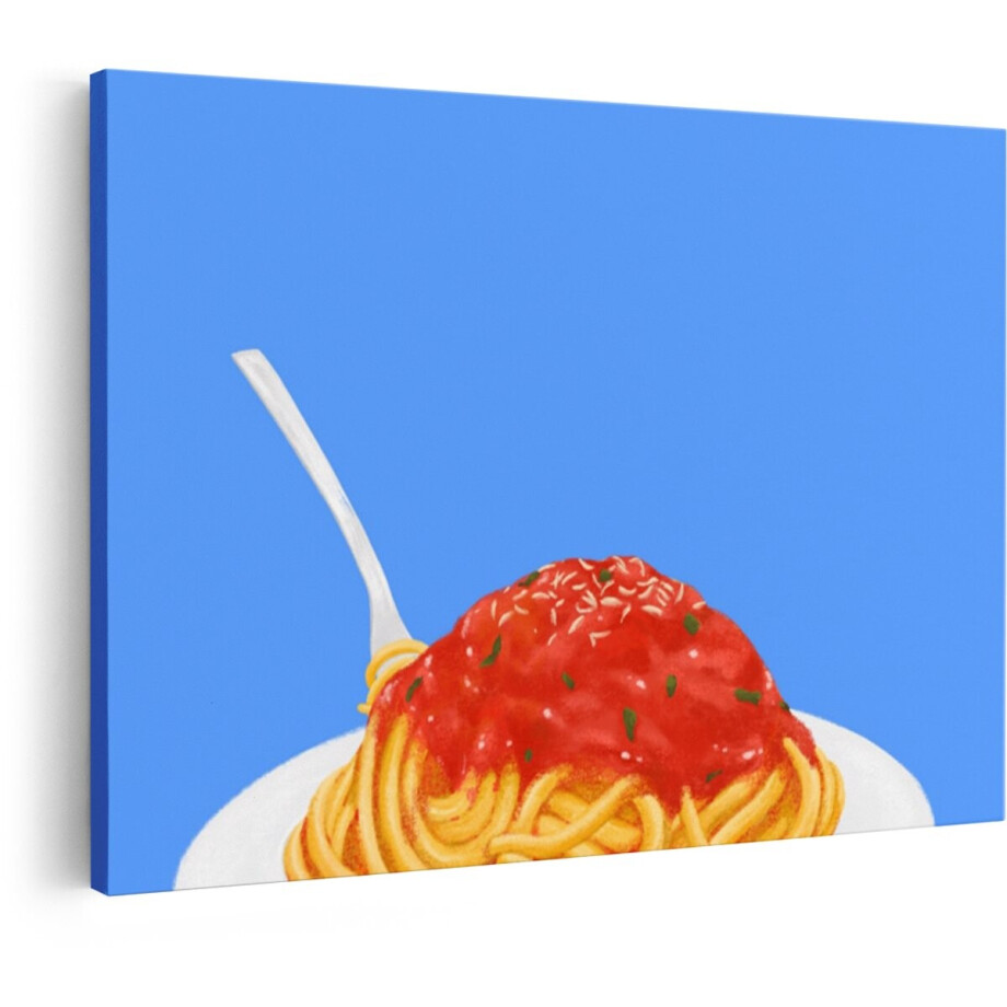 Artaza Canvas Schilderij Een Heerlijke Portie Spaghetti met Tomatensaus en Kaas op een Blauwe Achtergrond - 30x20 cm - Klein - Wanddecoratie Woonkamer - Schilderijen - Muurdecoratie afbeelding 1