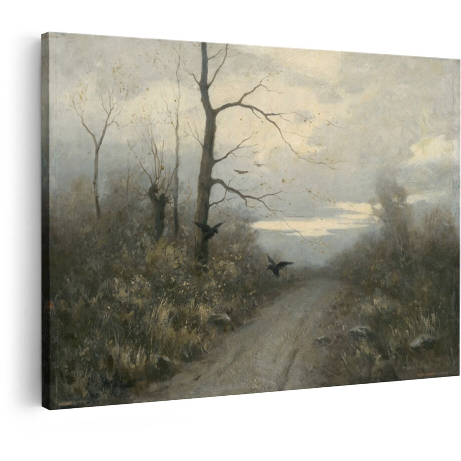 Artaza Canvas Schilderij Herfstbos - 60x40 cm - Wanddecoratie Kraaien - Muurdecoratie Landschap - Decoratie Mistig Bospad afbeelding 1