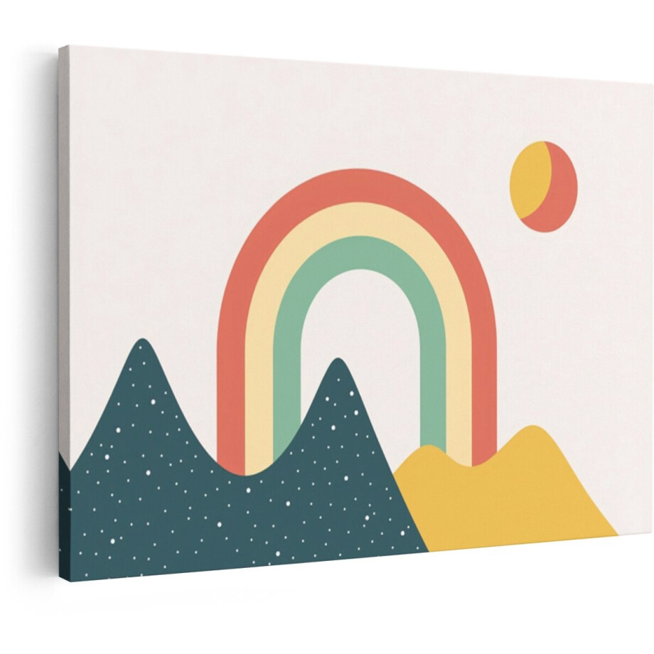 Artaza Canvas Schilderij Abstracte Regenboog en Berglandschap met Retro Zon en Pastelkleuren - 90x60 cm - Wanddecoratie Woonkamer - Schilderijen - Muurdecoratie afbeelding 1