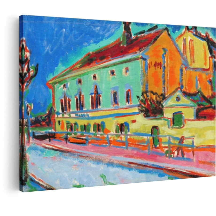 Artaza Canvas Schilderij Levendige Expressionistische Schildering van Gebouwen met Felle Kleuren en Dikke Verfstreken - 120x80 cm - Groot - Wanddecoratie Woonkamer - Schilderijen - Muurdecoratie afbeelding 1