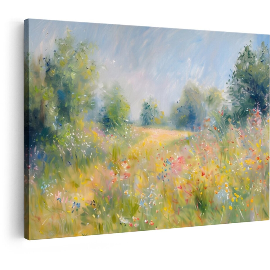 Artaza Canvas Schilderij Bloemenweide - 90x60 cm - Wanddecoratie Wilde Bloemen - Muurdecoratie Landschap - Decoratie Natuur Schilderij afbeelding 1