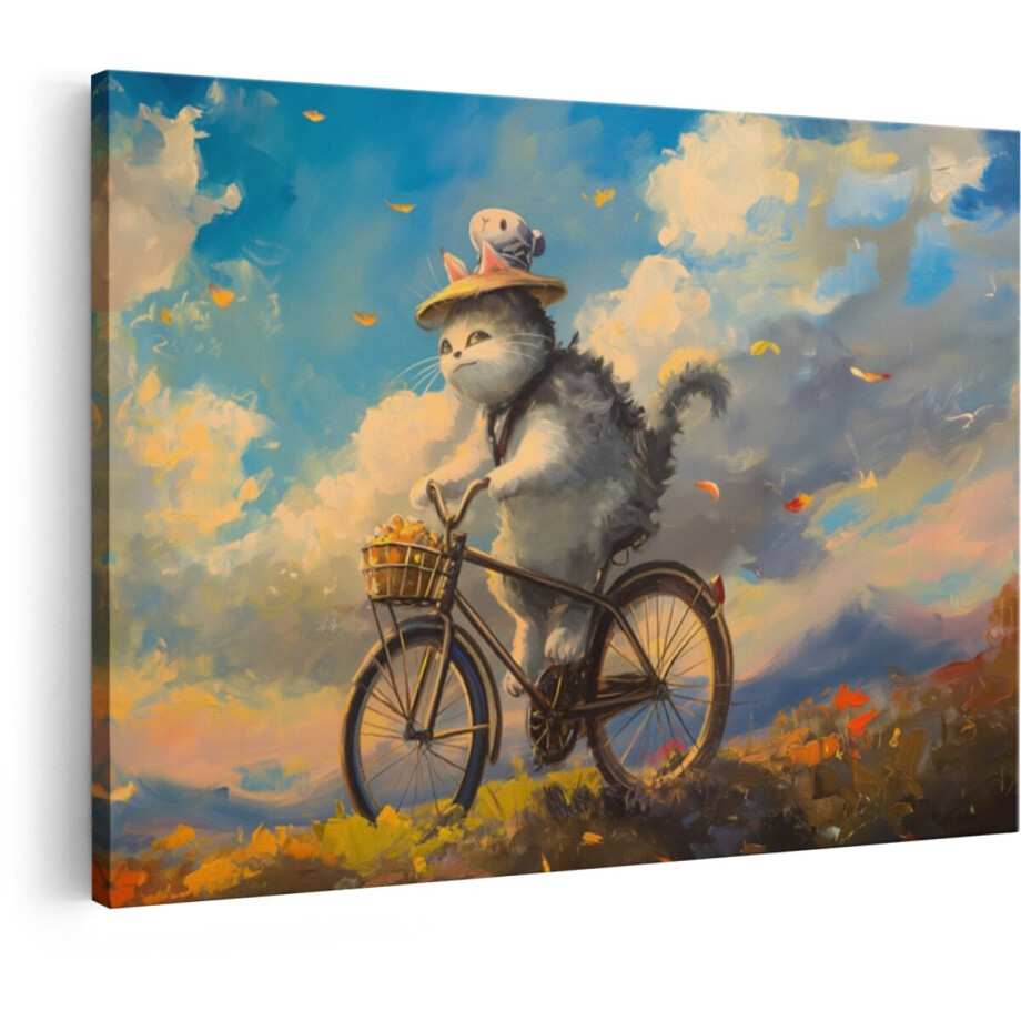 Artaza Canvas Schilderij Kat Op Fiets - 90x60 cm - Wanddecoratie Kinderkamer - Muurdecoratie Dieren - Schilderijen Op Canvas afbeelding 1