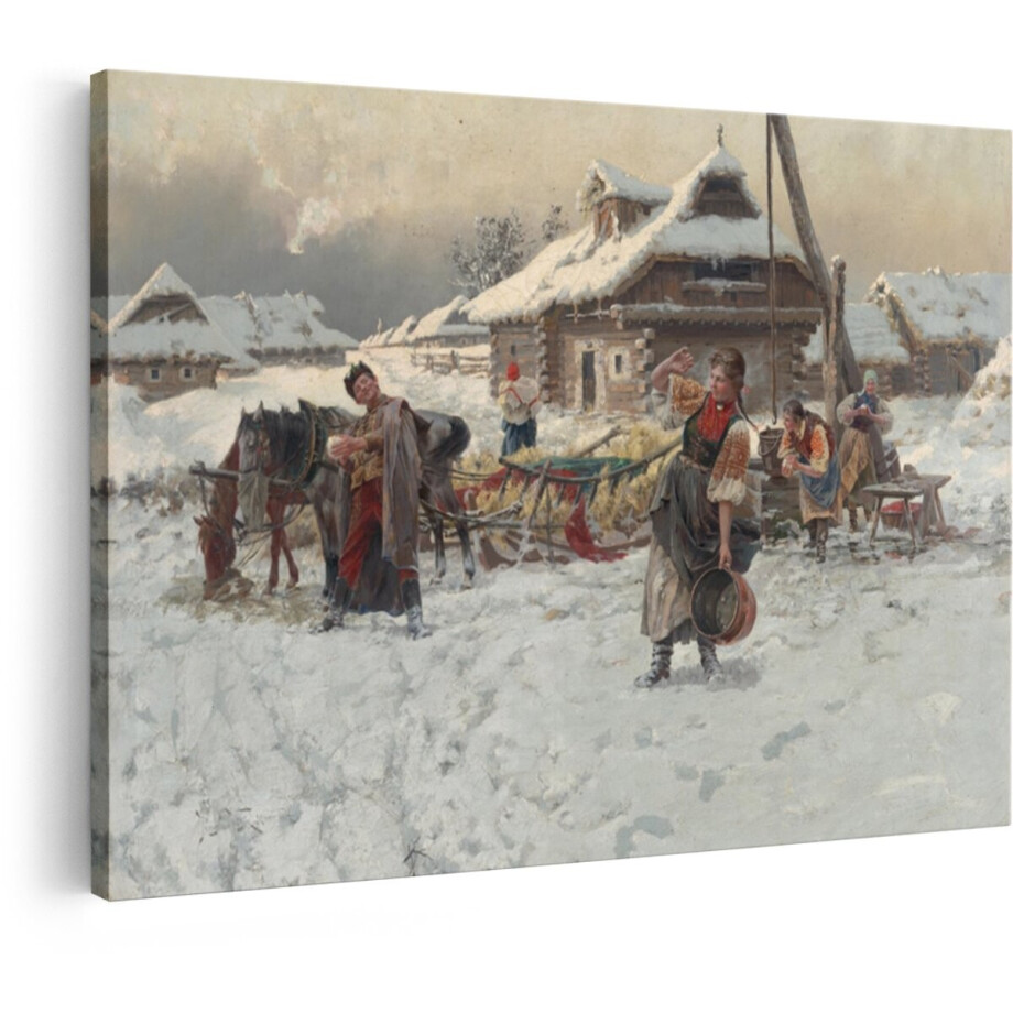Artaza Canvas Schilderij Winterlandschap - 90x60 cm - Wanddecoratie Paard En Slee - Muurdecoratie Klassiek Dorp - Schilderijen Op Canvas afbeelding 1
